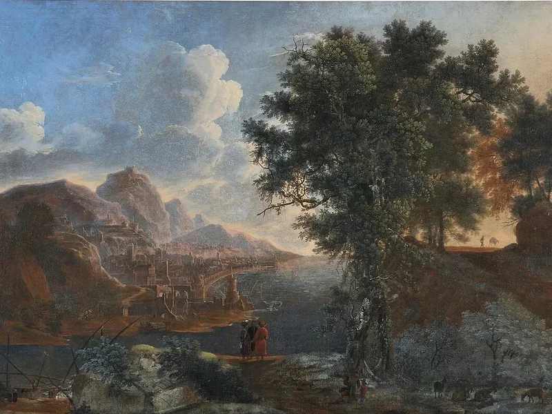 1590-Bartolommeo Torregiani - Paesaggio con lago e figure